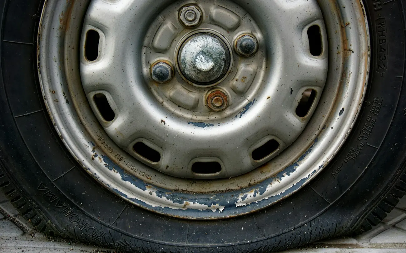 A worn steel wheel and tyre.
